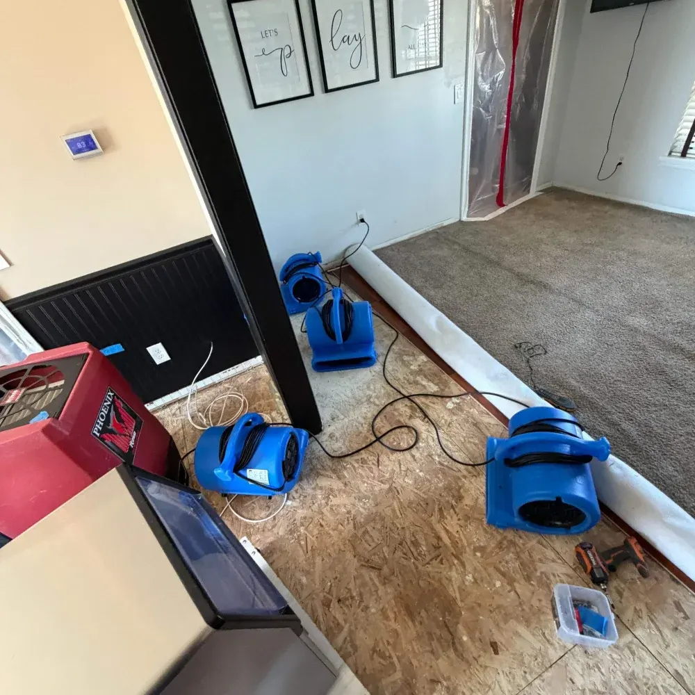 Drying setup in Prestwick finished basement after water event
